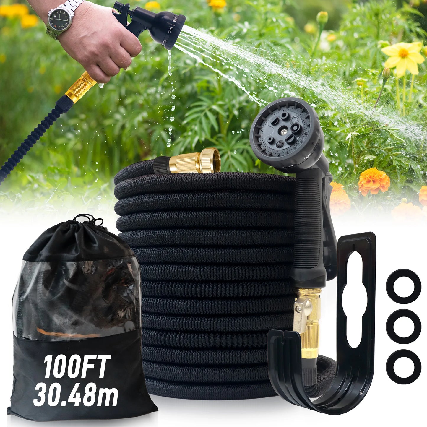 Expandable garden hose with spray nozzle 100ft